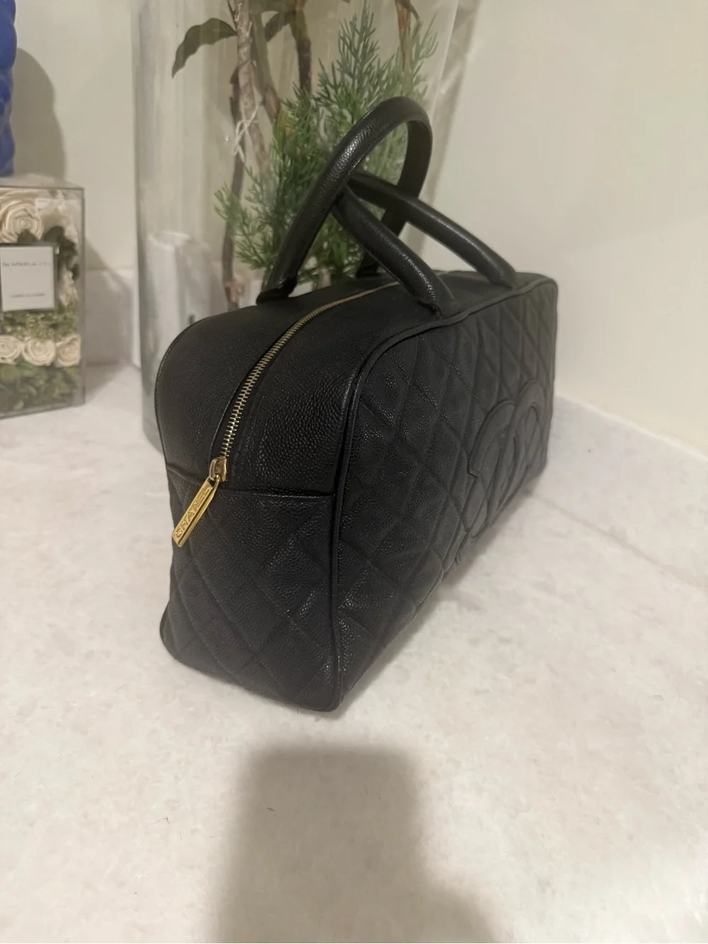 CHANEL Black Quilted caviar Leather Satchel with Top Handles bowling bag